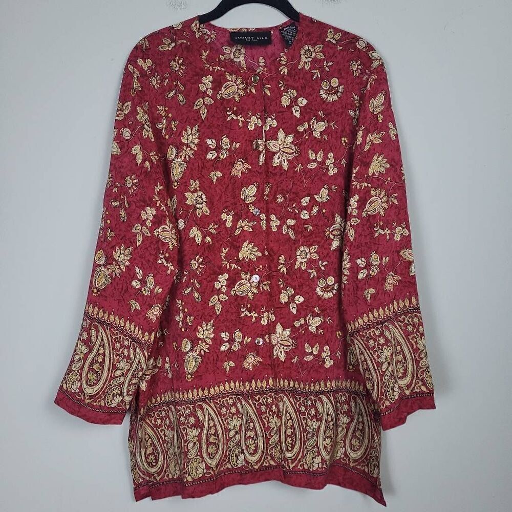 Vtg August Silk Womens Small Petite Button Front 100% Silk Tunic Top Red Floral